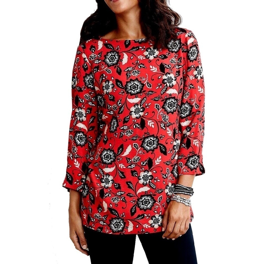 J. Jill Tunic Top Red Floral Filigree Viscose Rayon Boat Neck Keyhole Back